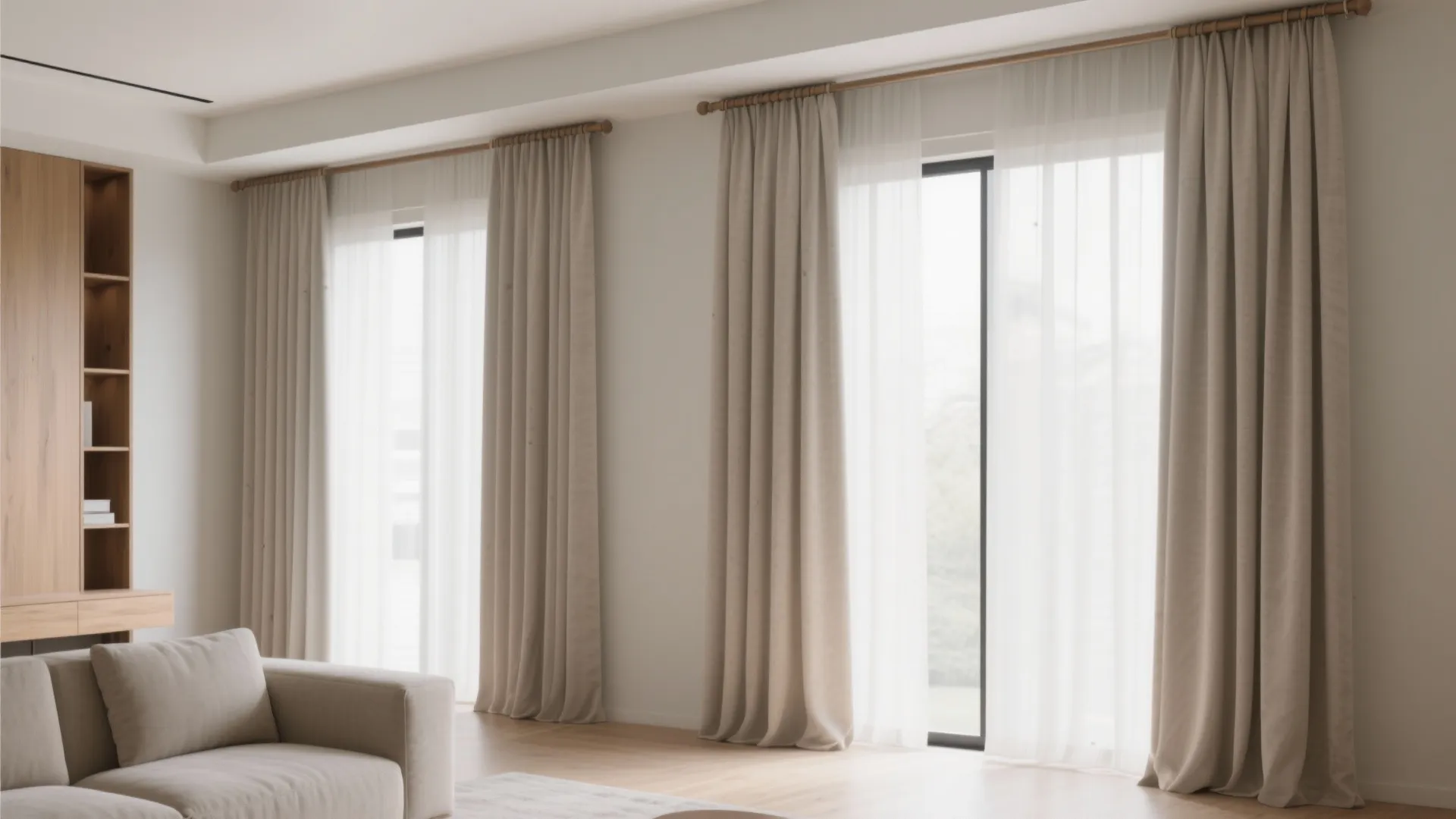 Ceiling-mounted drapery in soft neutral tones elongates a compact living room and kisses the floor.