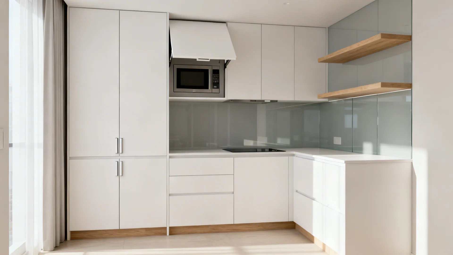 L-shaped kitchen with full-height cabinets on one leg and open shelves on the other.