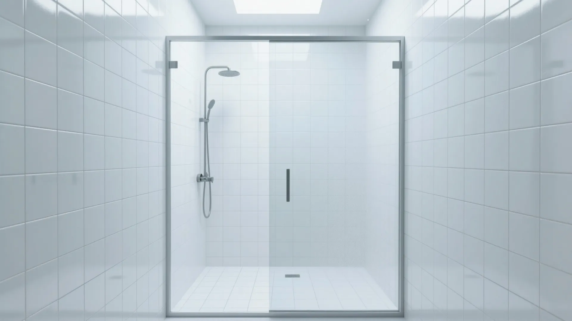 Minimalist glass shower door design with white square wall tiles and simple silver shower head fixture