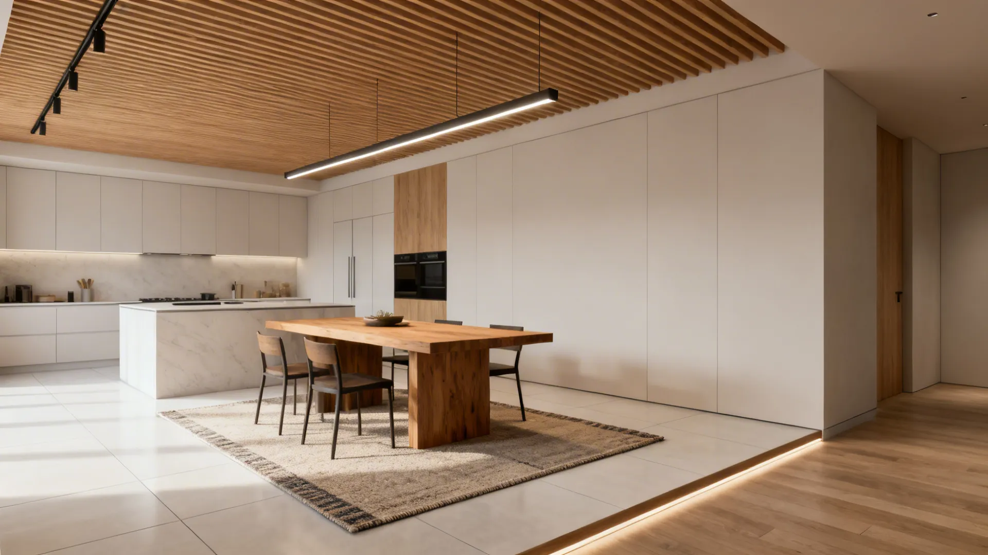 Dining area defined by ceiling slats and a flatweave rug beside a tiled kitchen floor.