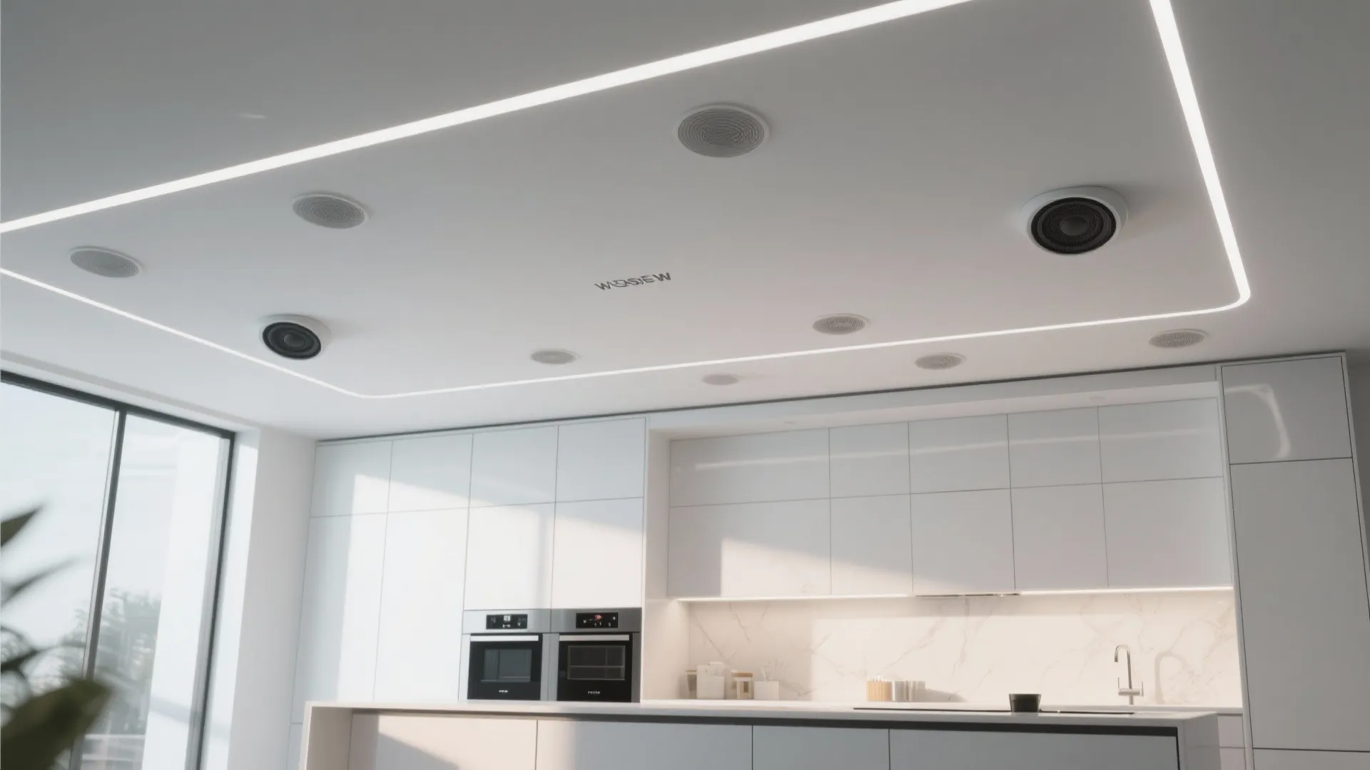 Modern white kitchen with many small speakers and rectangular light fixture installed in the ceiling