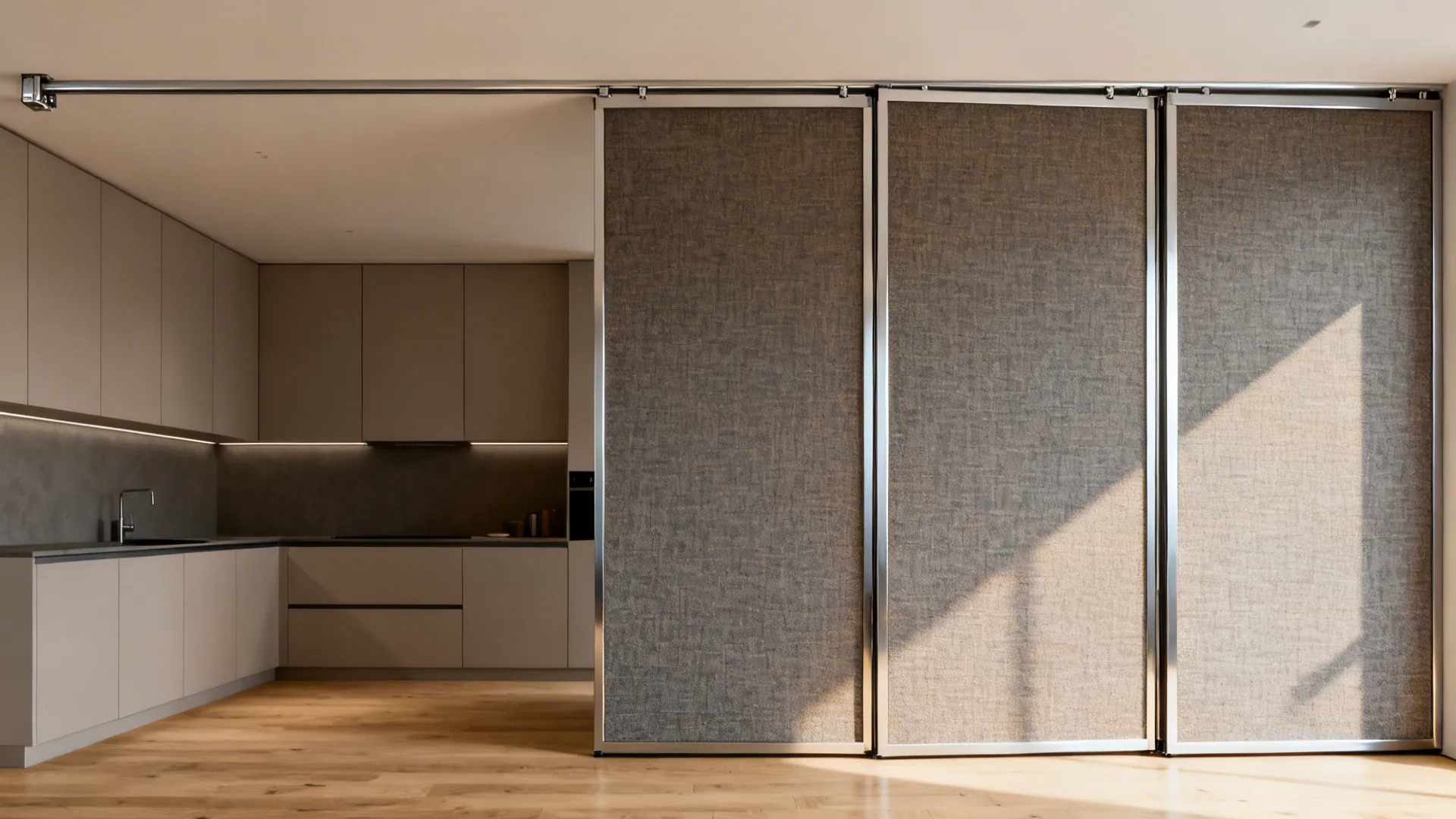 Ceiling-Mounted Sliding or Folding Panels (Wood, Fabric, or Metal)