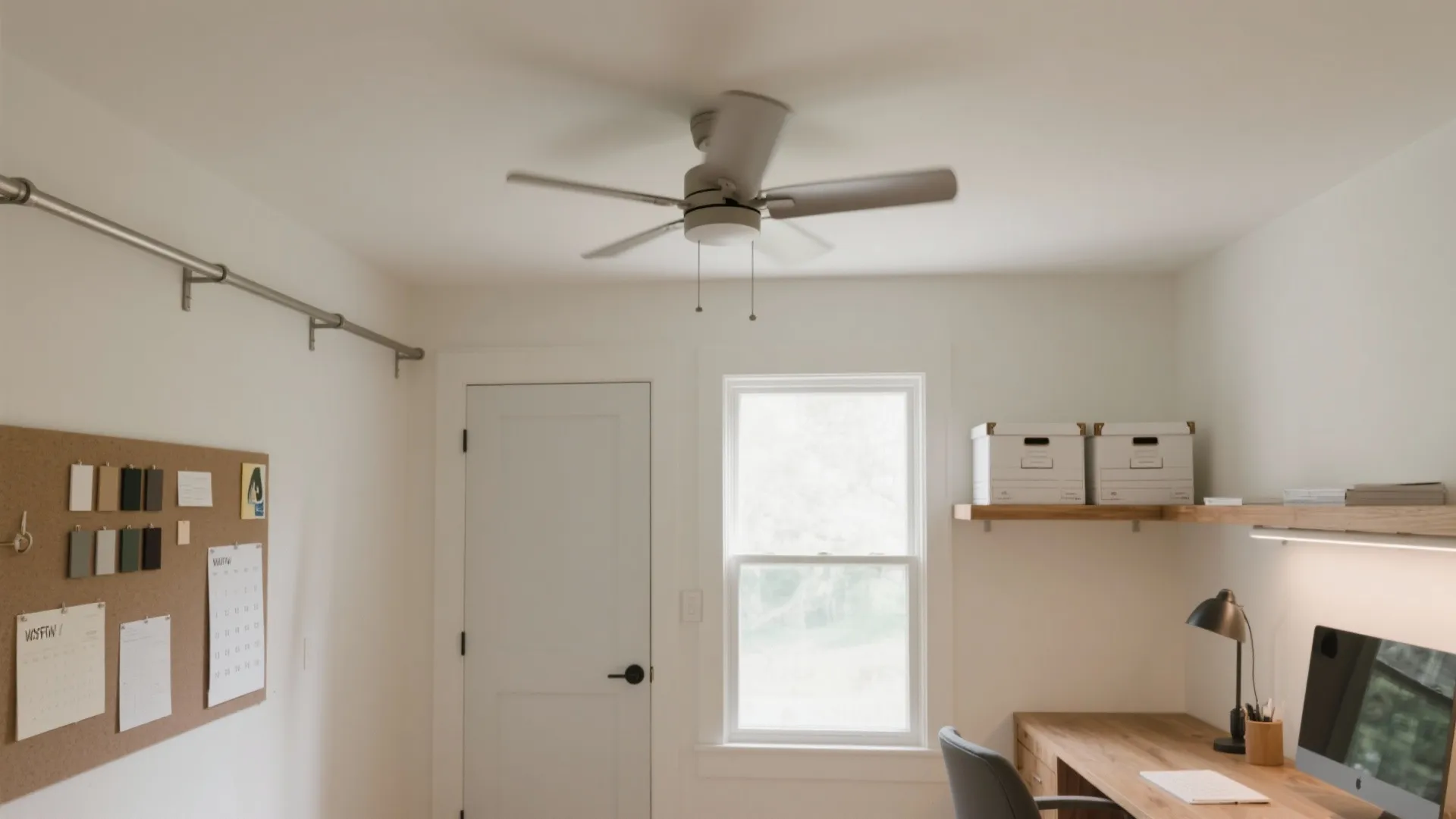 Minimalist home office with white walls wooden desk ceiling fan window and cork board design
