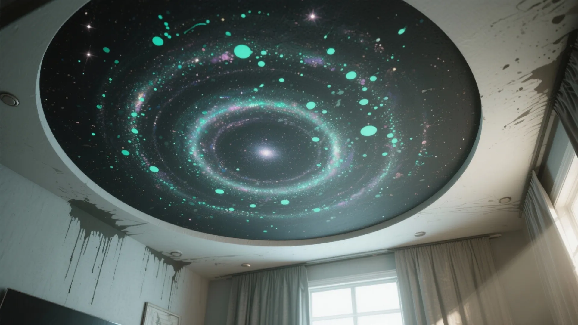 Circular ceiling mural with galaxy design featuring glowing green stars above grey curtains and walls