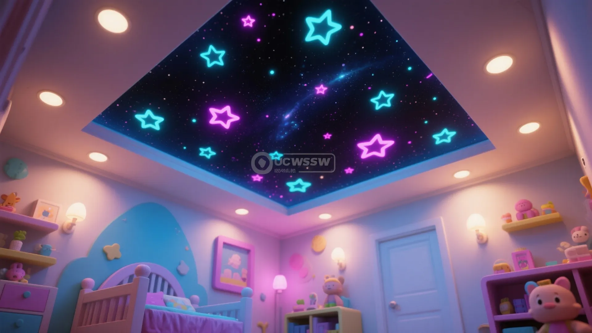 Kids bedroom with blue and purple galaxy ceiling light stars and soft pink walls interior design