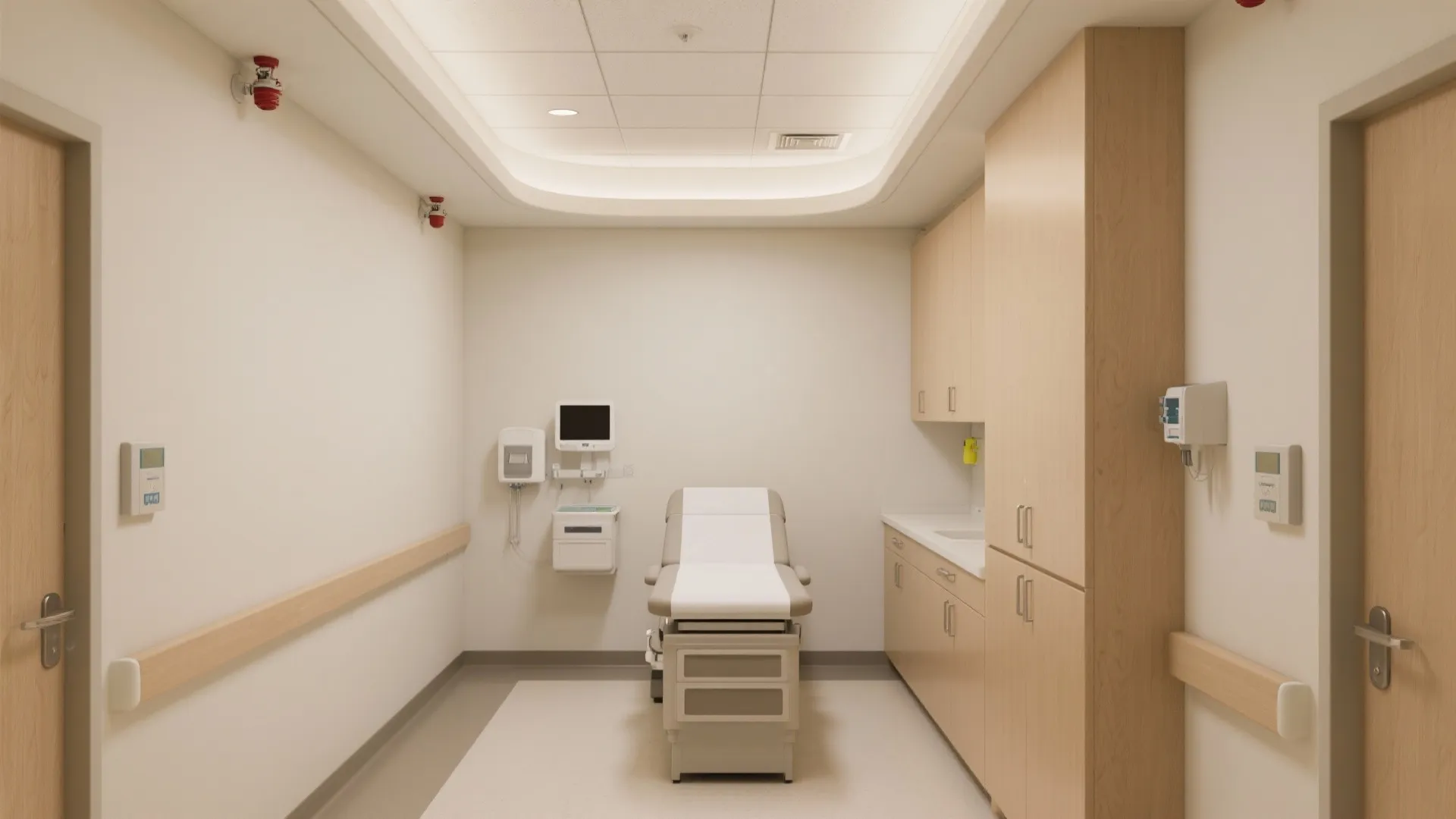 Compact exam room featuring a ceiling cove and sidewall sprinklers to maintain compliant spacing.