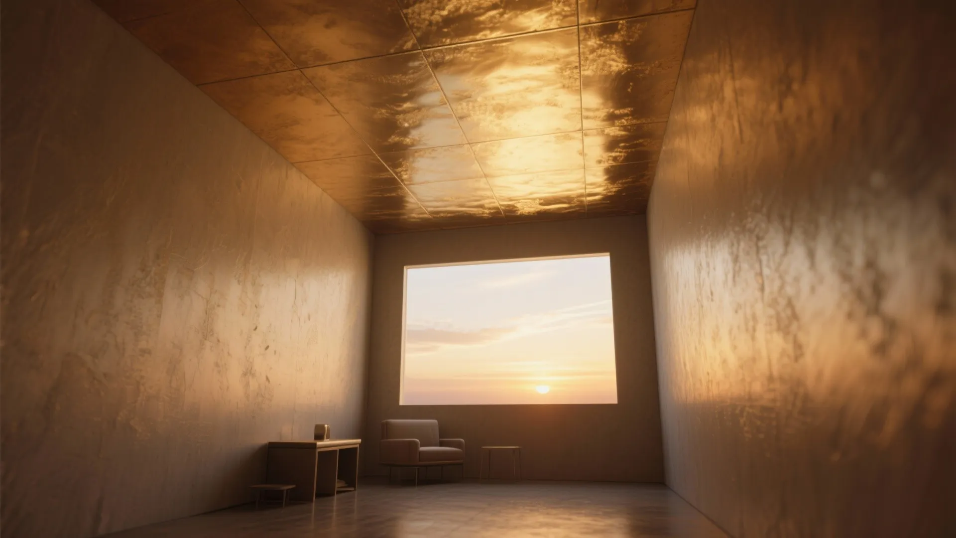 Empty room with gold metallic ceiling and walls featuring sunset view through a large window