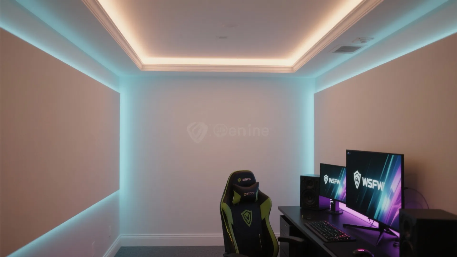 Wide view of indirect ceiling perimeter glow and even wall washing for immersive lighting.