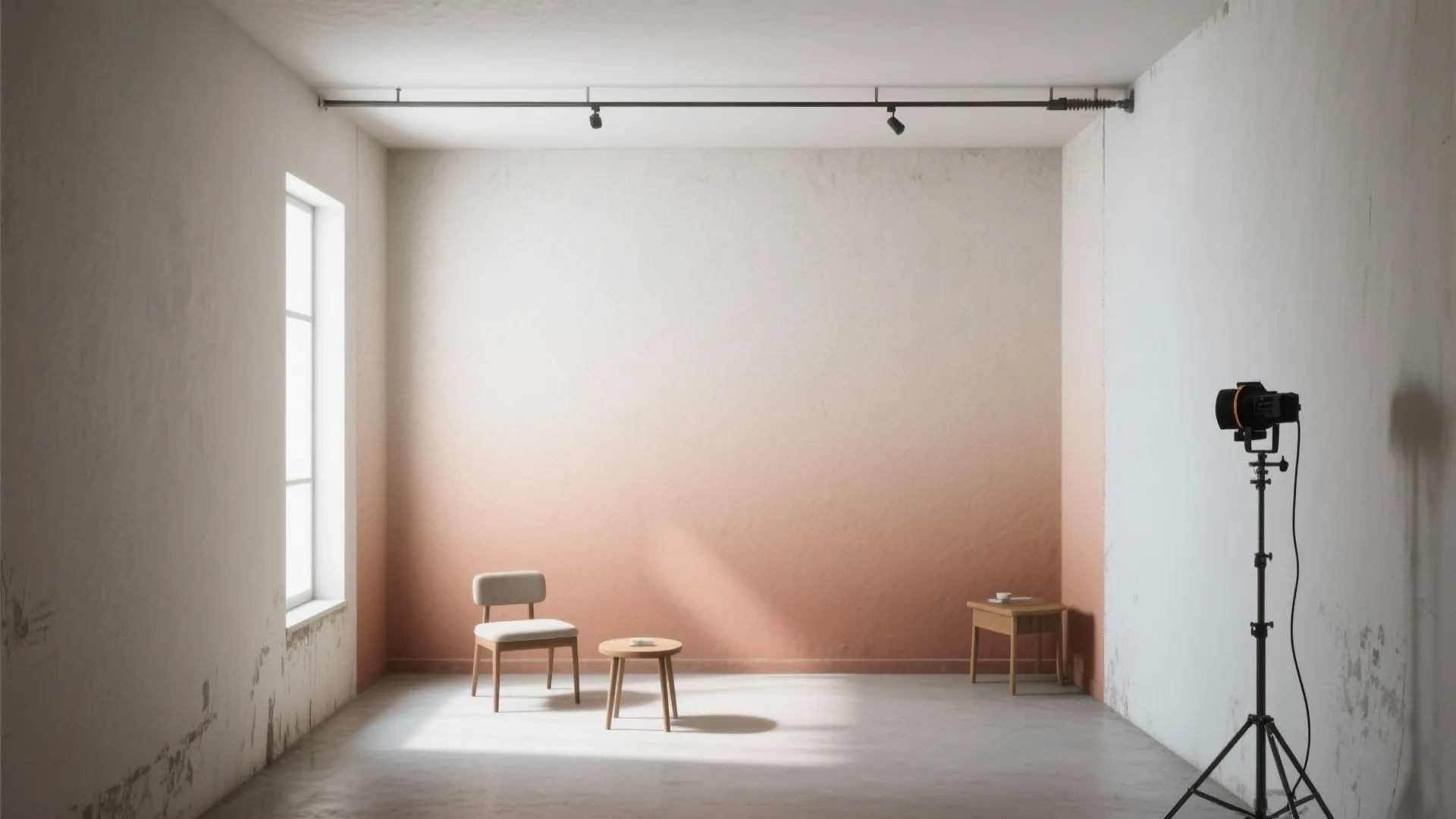 Modern room with orange gradient wall design featuring a small table chair and studio light
