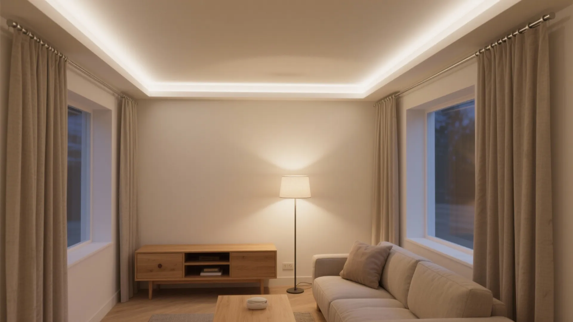 Warm living room with ceiling light strip floor lamp wood cabinet sofa and long beige curtains