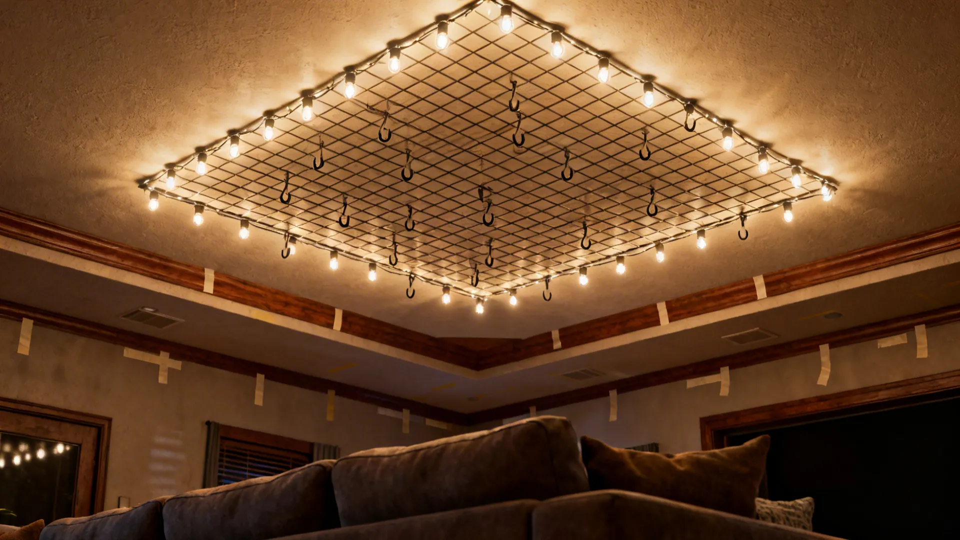 Tall living room with a grid canopy of warm LED string lights creating cinematic depth