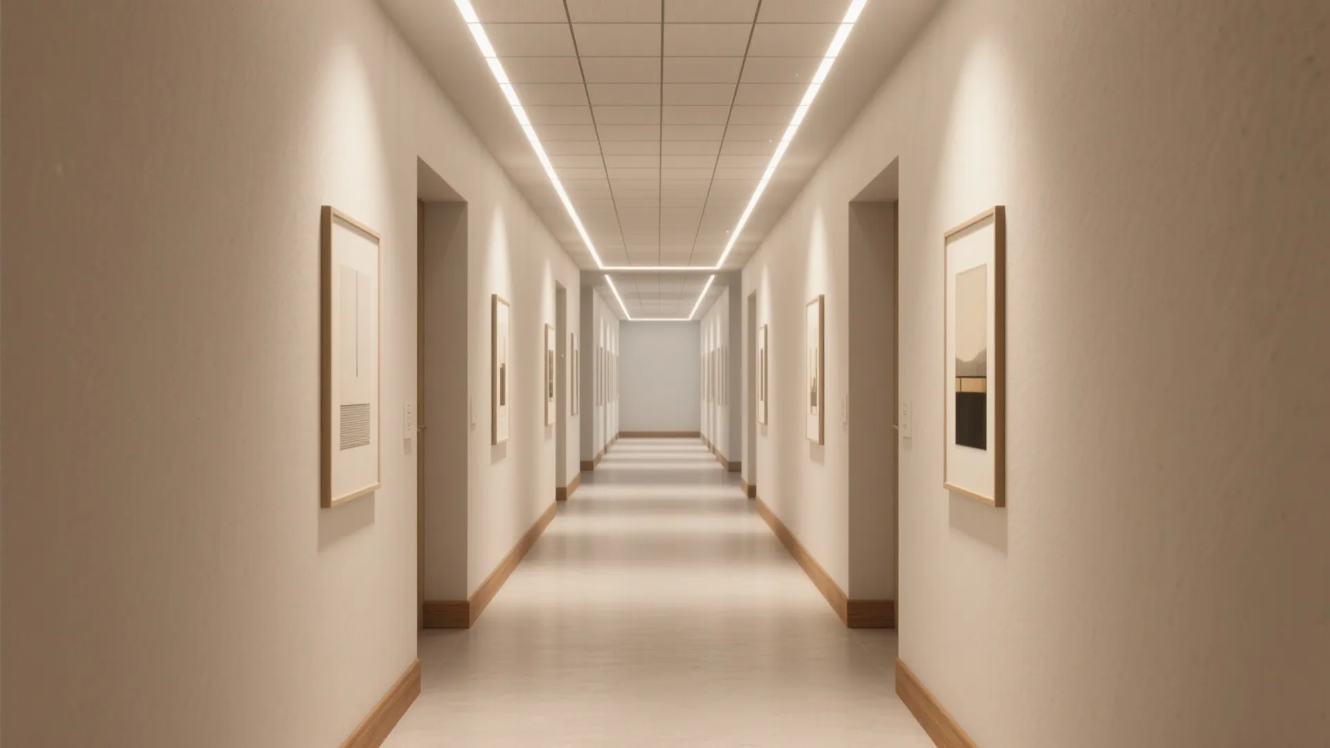 Long hallway with white walls and ceiling light panels plus many framed pictures on walls