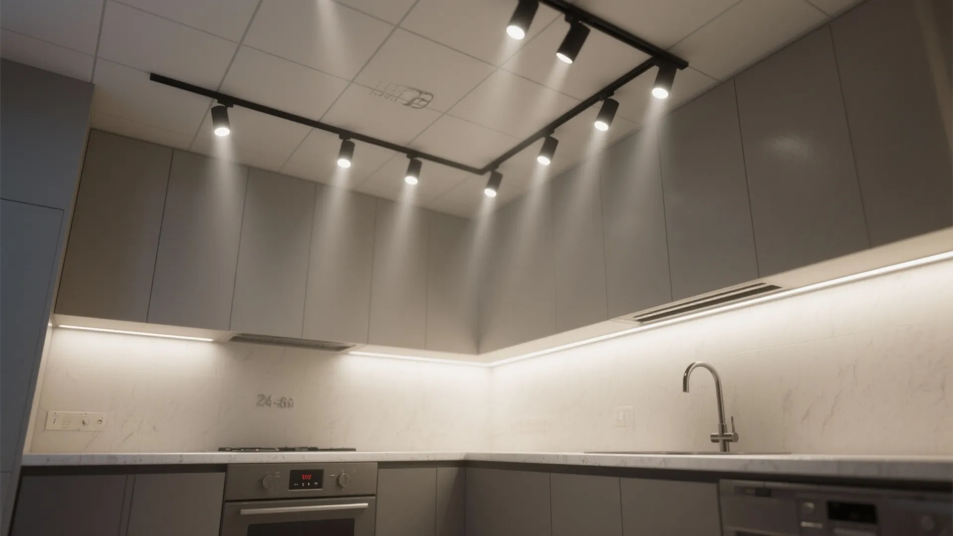 Ceiling grid: narrow-beam spots plus soft fill