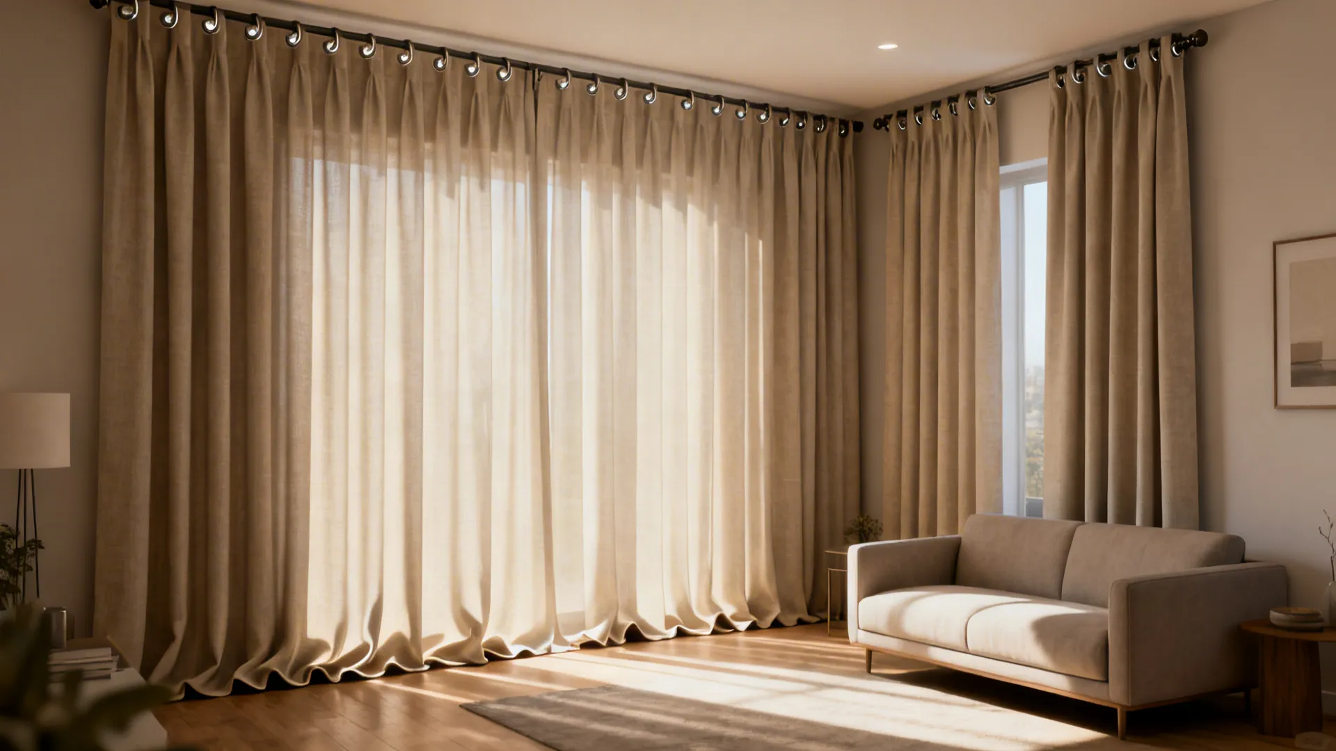 Beige curtains with metal rings on a rod in a living room with sofa and light