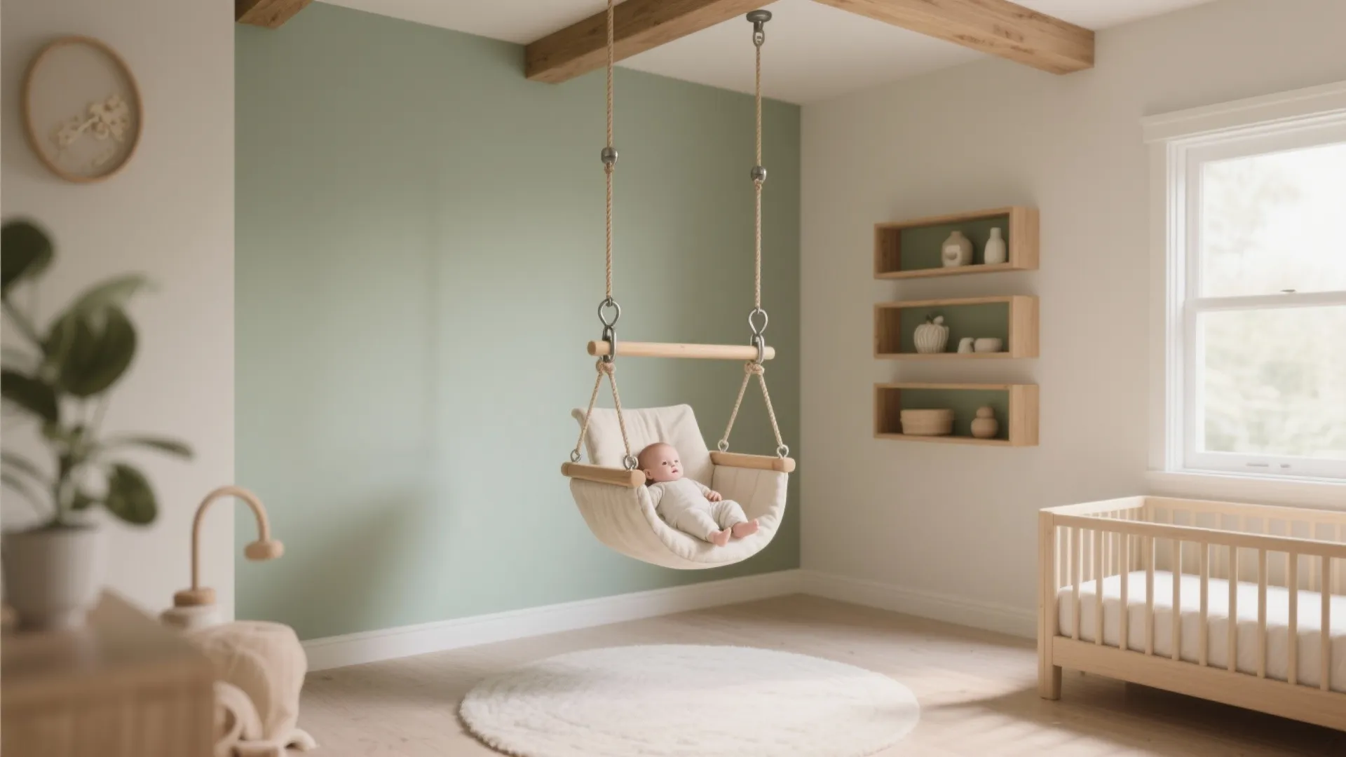 Modern nursery room with green wall hanging baby swing wooden crib white rug and shelving