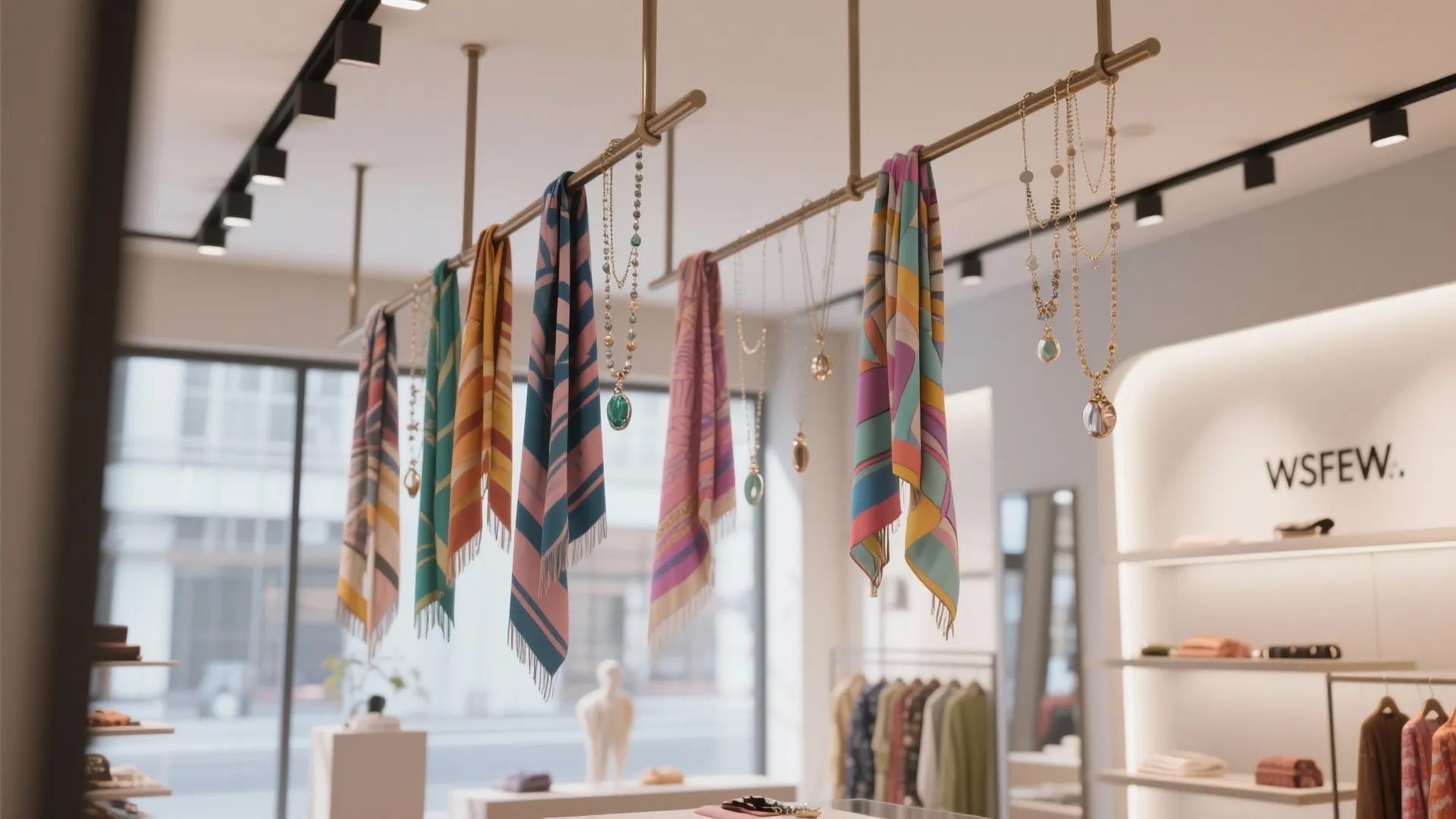 Colorful scarves and jewelry hanging from gold metal rods in a bright modern clothing boutique