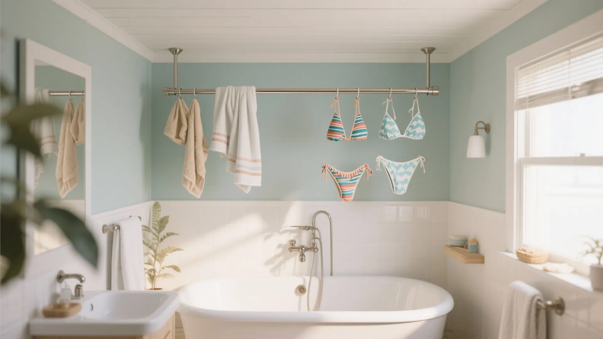 Bright bathroom with light blue walls white bathtub and ceiling light bar for hanging clothes