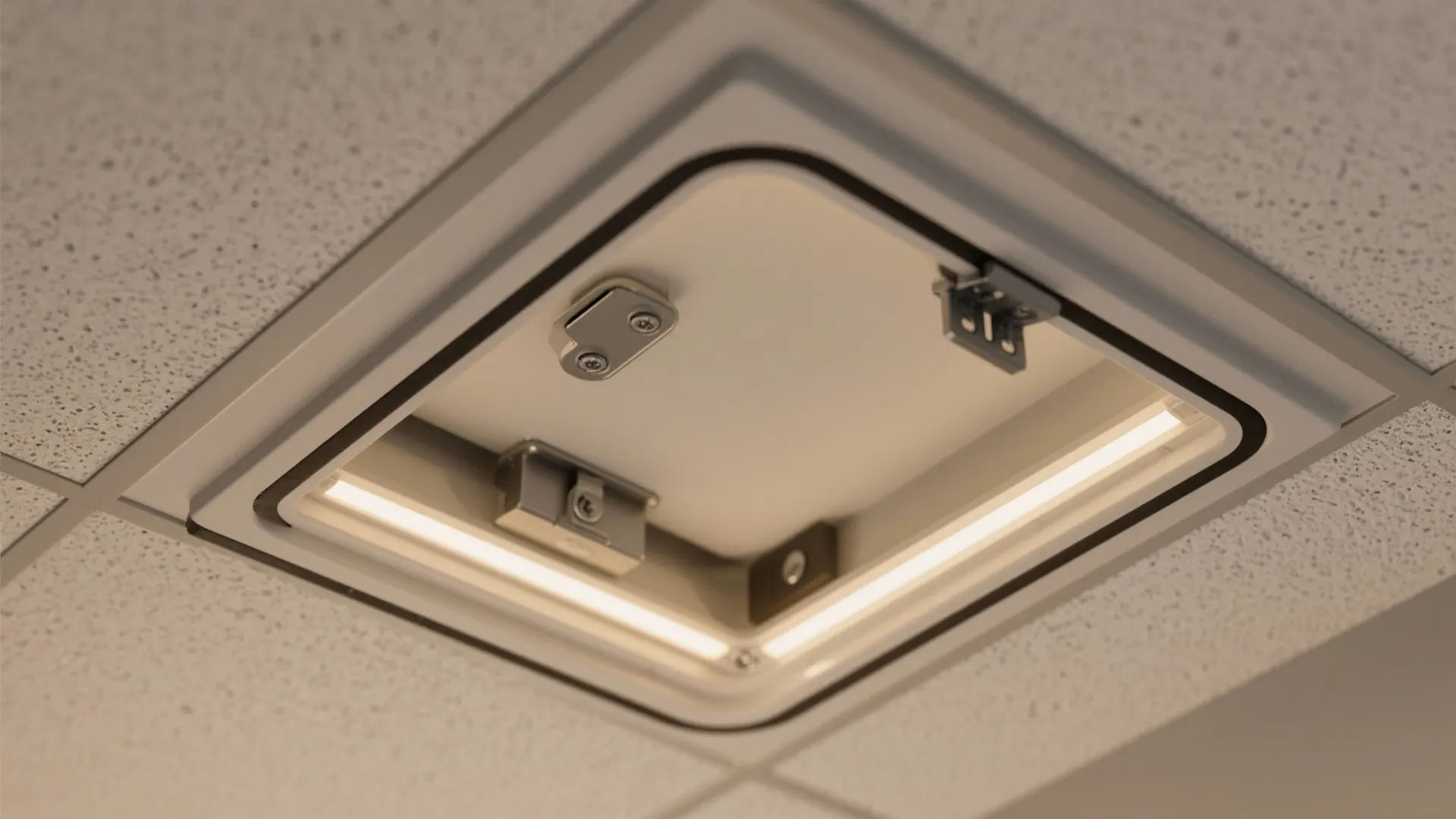 Close-up of a flush ceiling access hatch with seals and push-latch hardware.