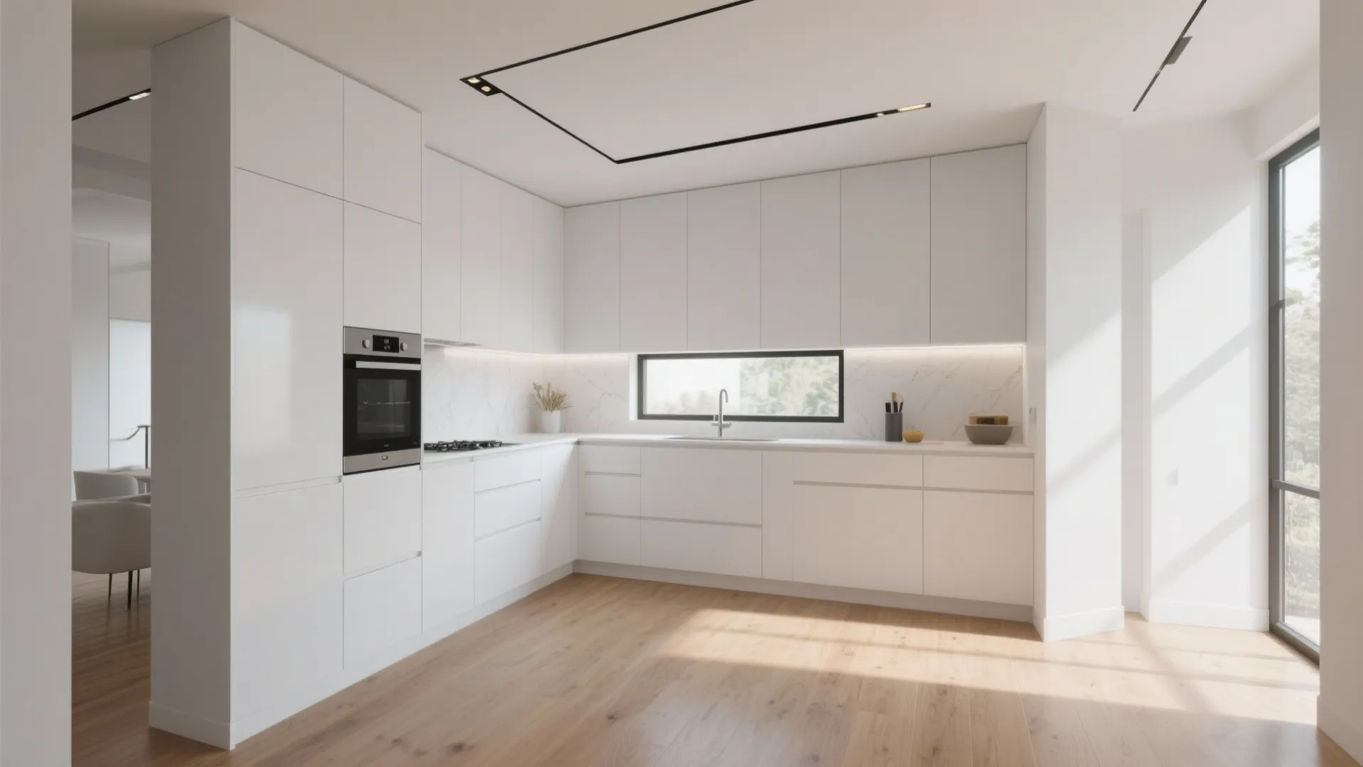 Modern minimalist white kitchen with tall cabinets wooden floor black track lighting and large window
