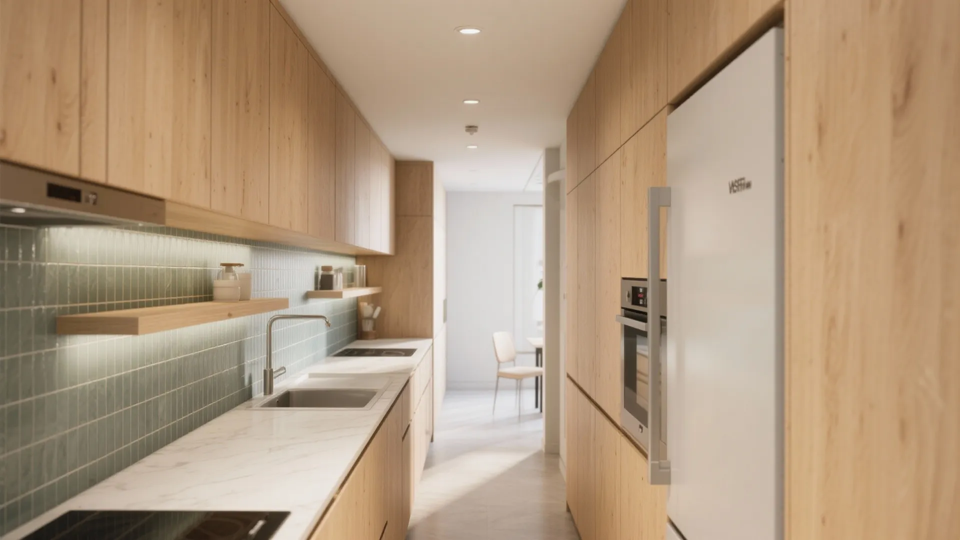 Modern narrow kitchen with light wood cabinets marble countertops white fridge and green tiled wall decor