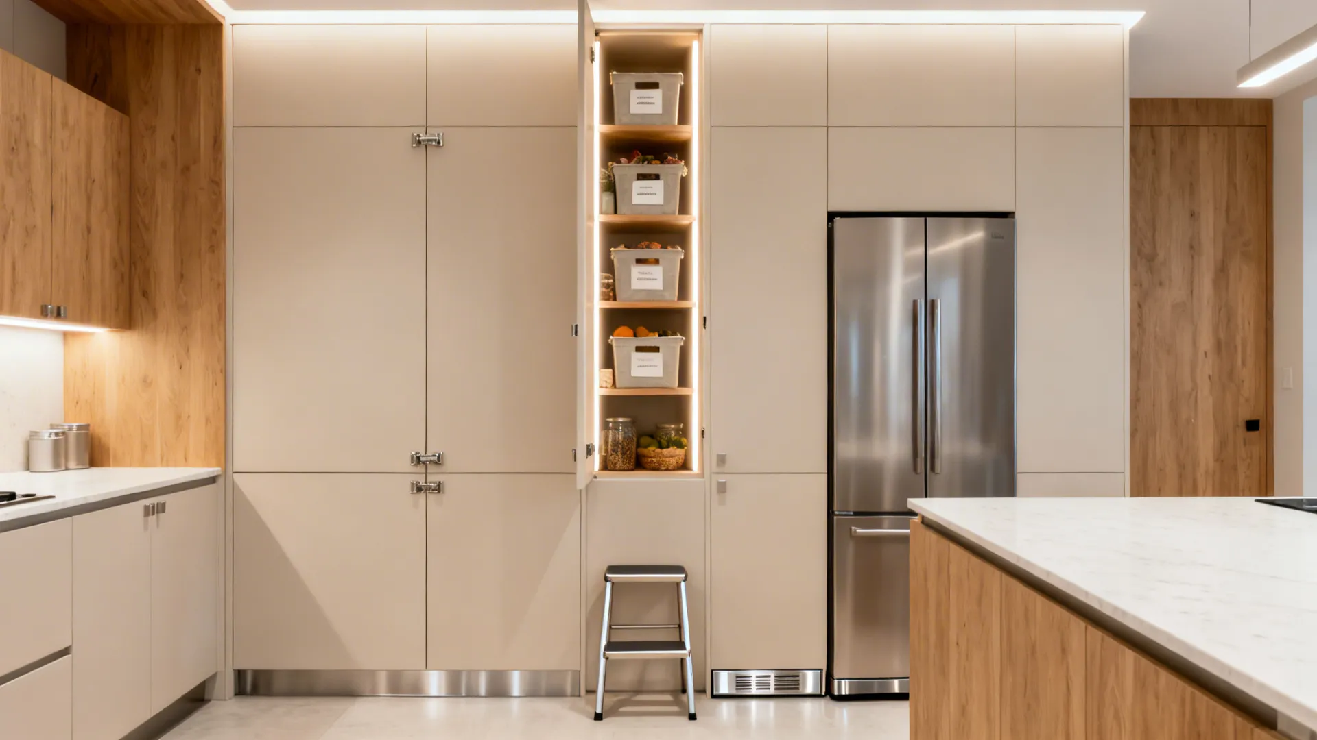 Full-height cabinets with vertical LED-lit interiors and a slim step stool in a small kitchen.