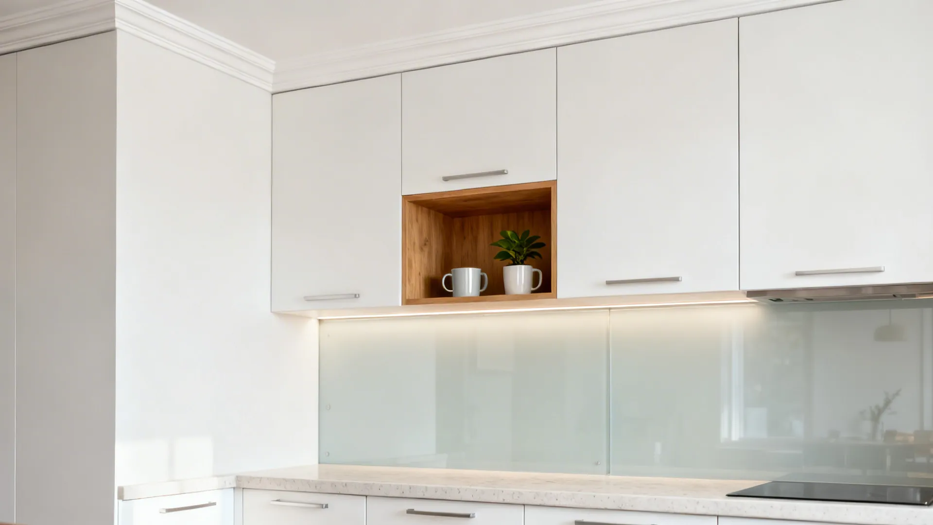 Ceiling-height white cabinets with an open oak niche for mugs and a plant.