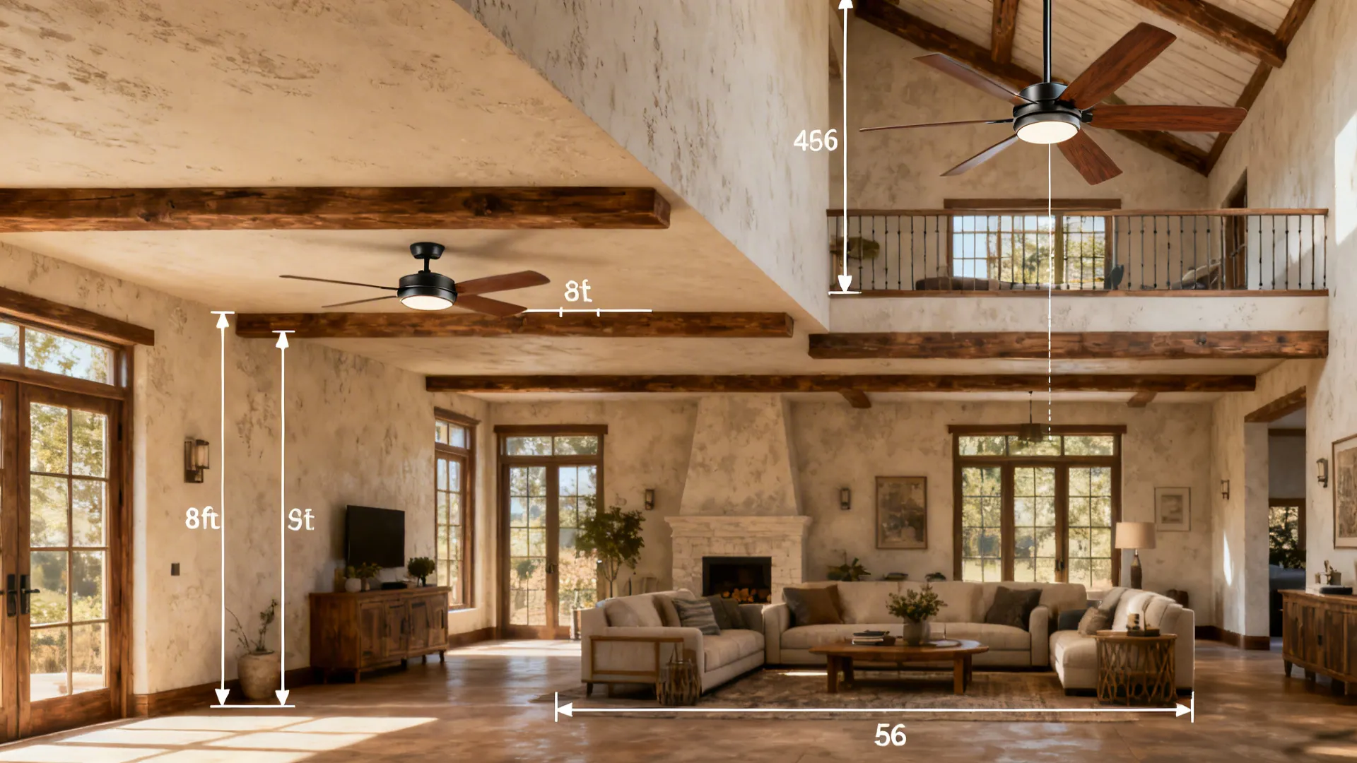 Cross-section view of rooms showing flush mount and downrod ceiling fans with clearances and measurements