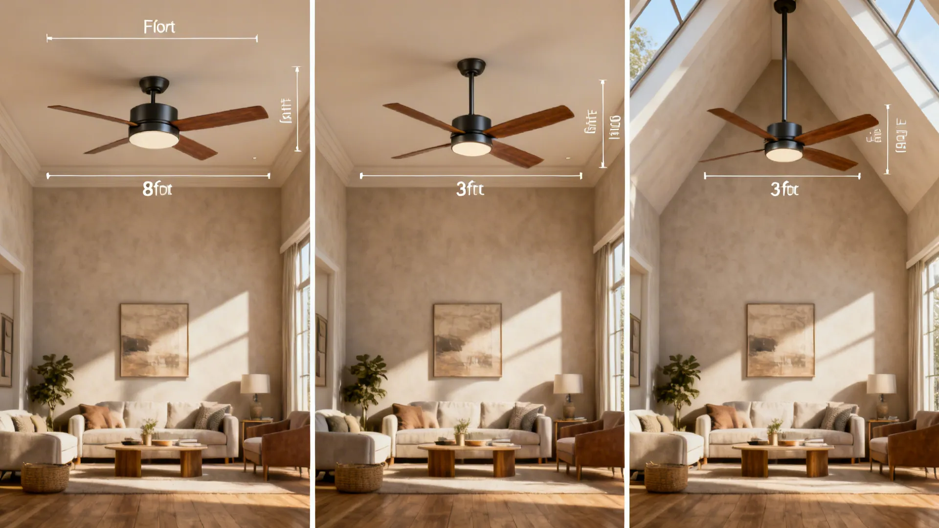 Three living room cross-sections showing flush mount and downrod fan placements for different ceiling heights.