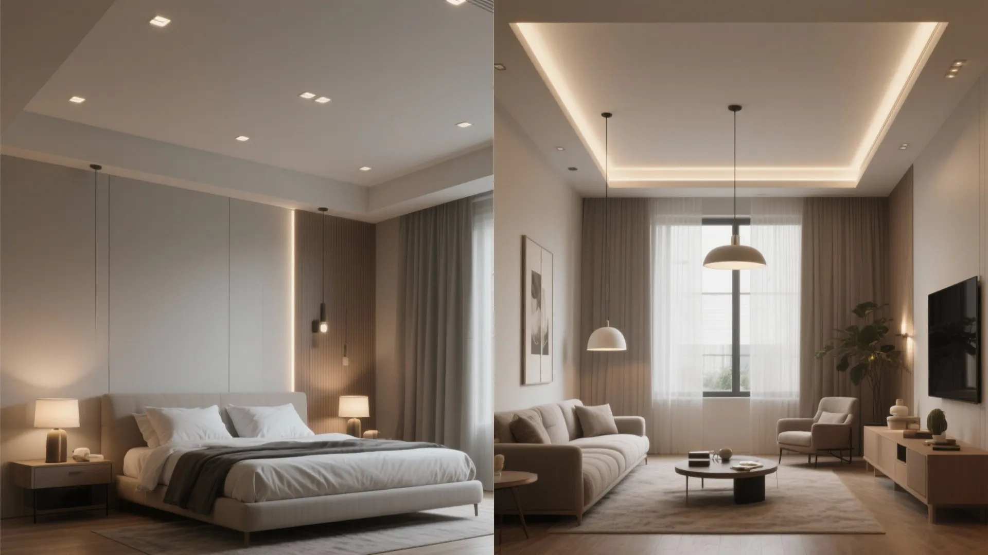 Side by side comparison of a modern bedroom and living room with different ceiling heights