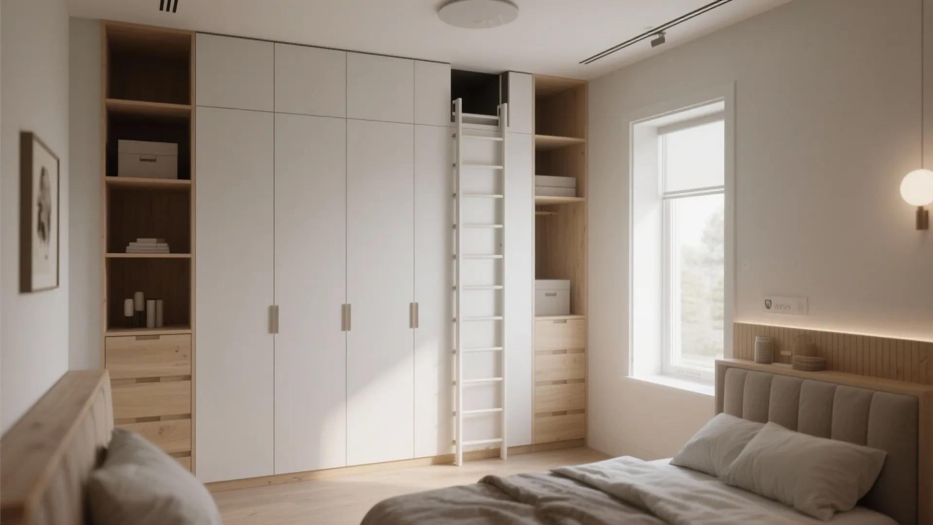 Floor to ceiling white cabinet storage in a bedroom featuring a ladder for high access