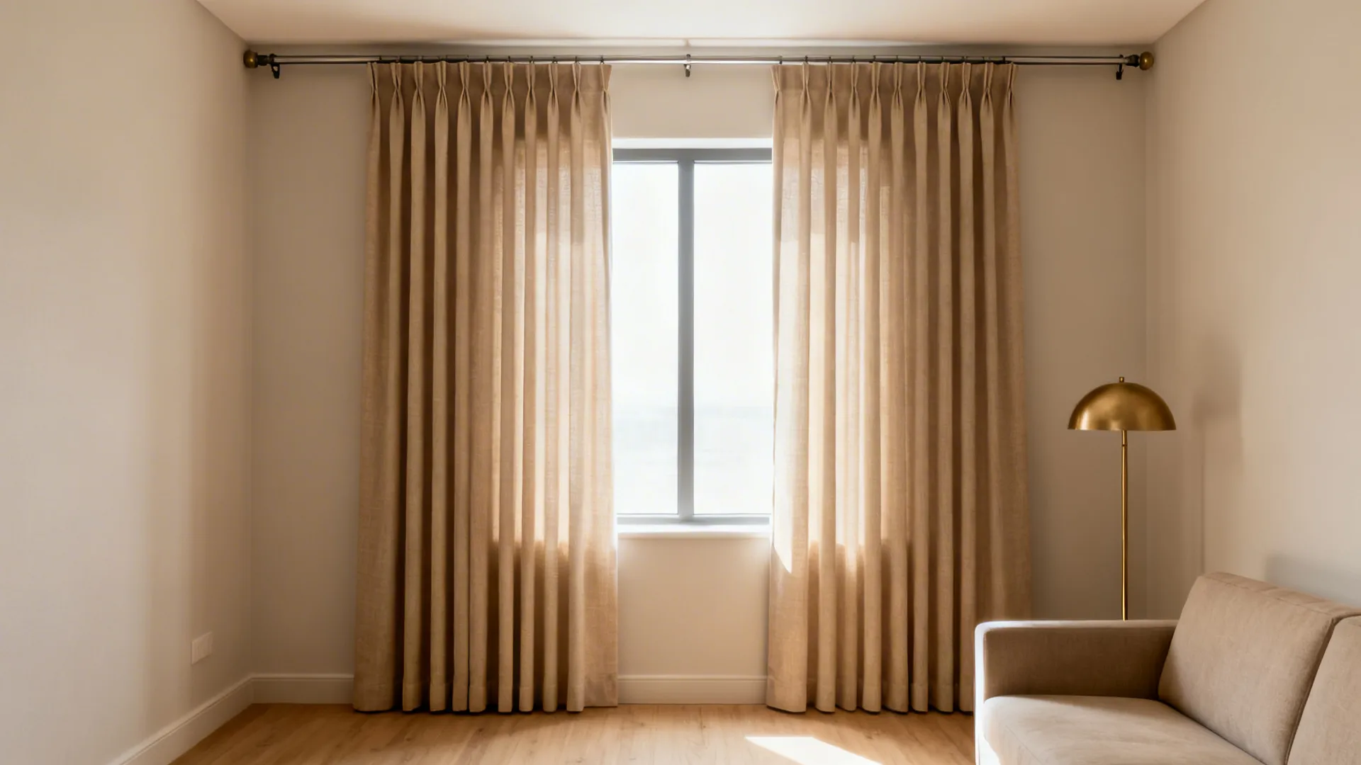 Ceiling-mounted full-height linen drapery visually raises a small living room.