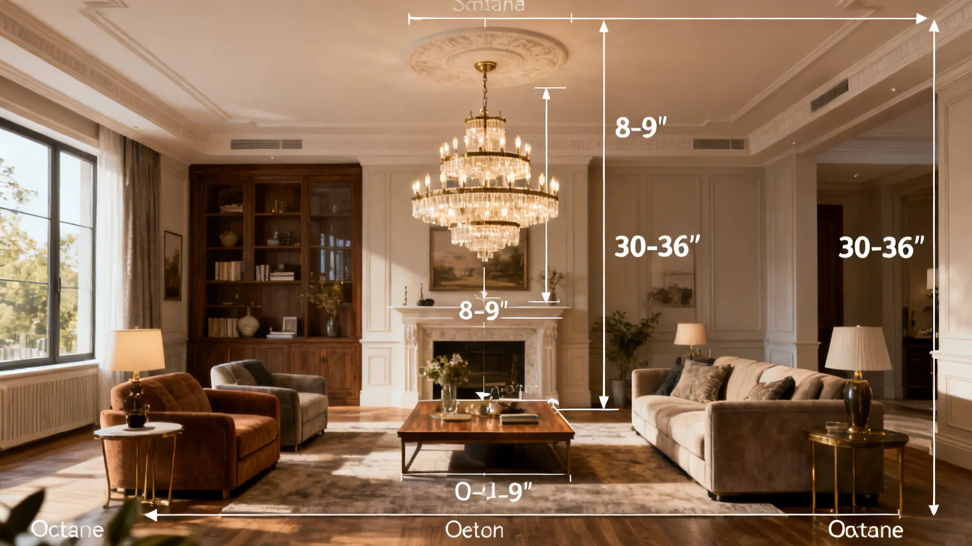 Interior design drawing showing recommended height measurements for hanging a large crystal ceiling light fixture