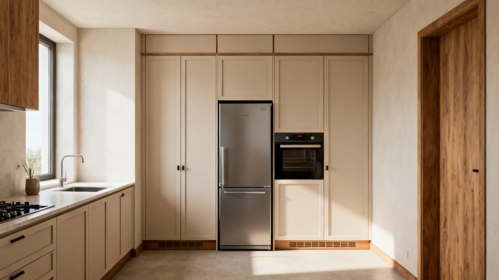 Small kitchen with ceiling-height cabinets and panel-ready integrated appliances for a seamless look.