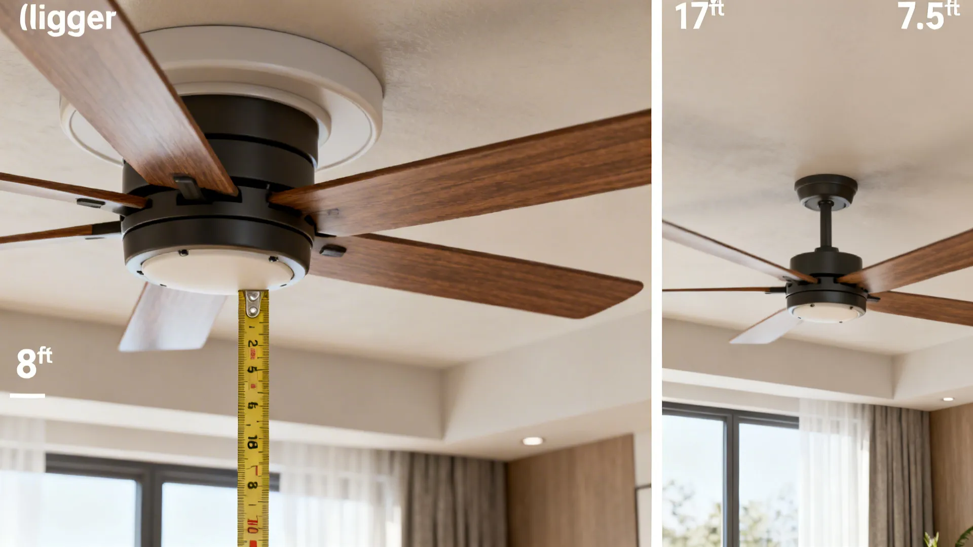 Measuring tape showing clearance from floor to blade tips for flush-mount and short downrod ceiling fans.