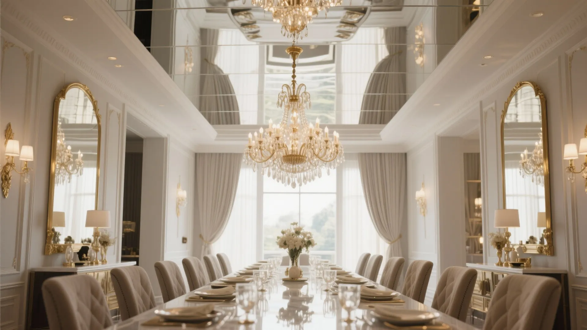 Luxury long dining table with grey chairs ceiling light mirrored ceiling and large gold mirrors