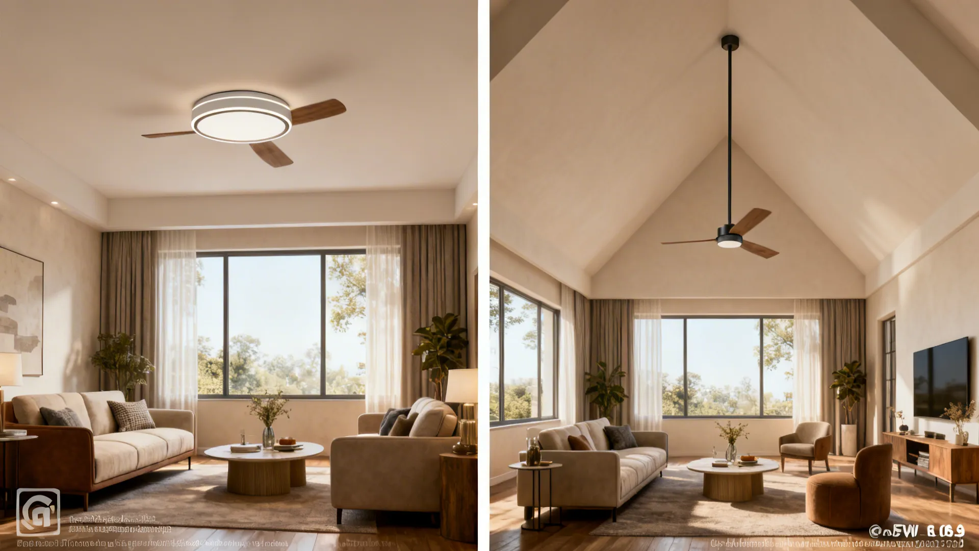 Split view of low-ceiling flush mount and vaulted ceiling with downrod fan in living rooms