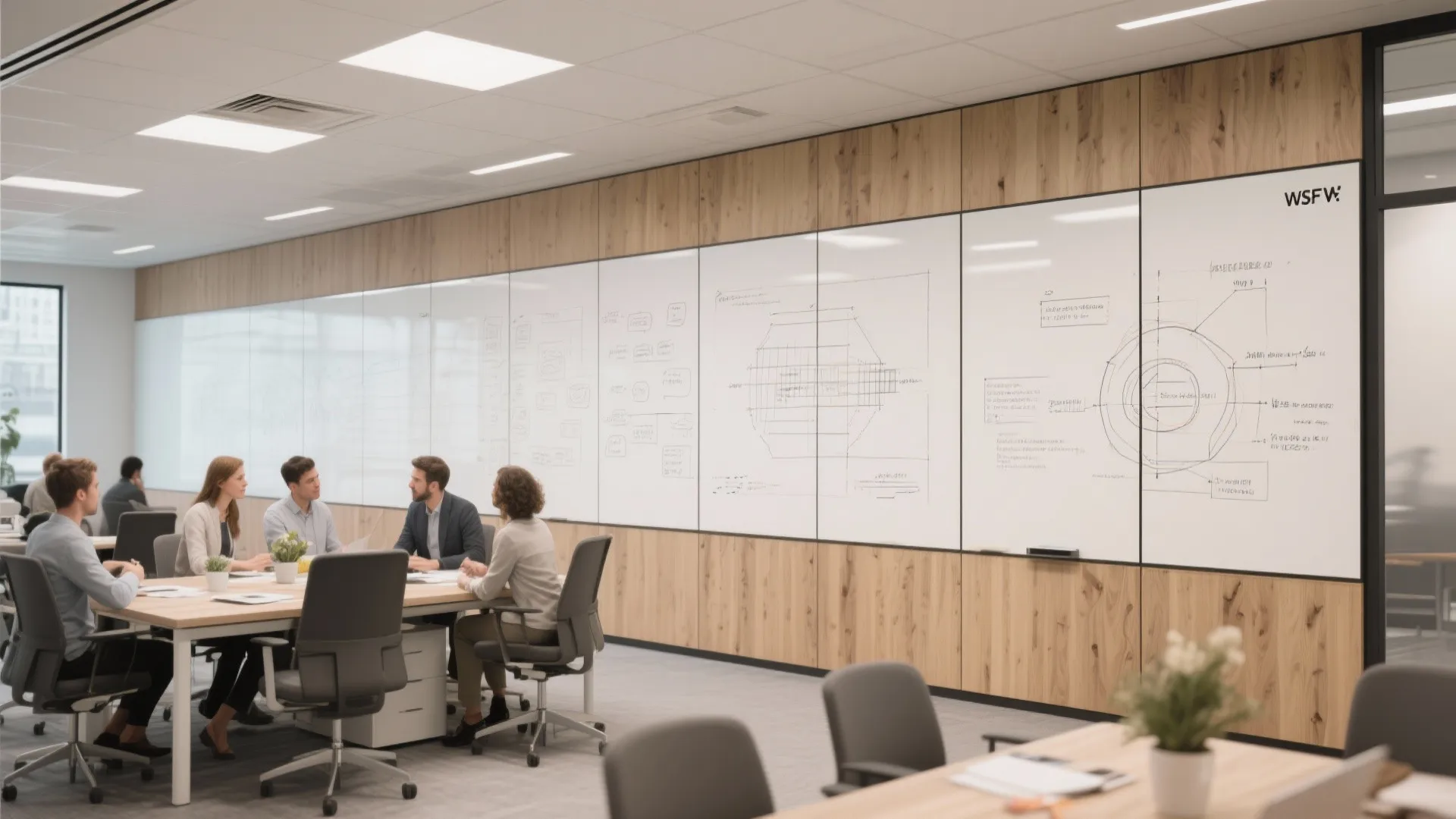 Tall ceiling-height whiteboard panels in a collaborative office