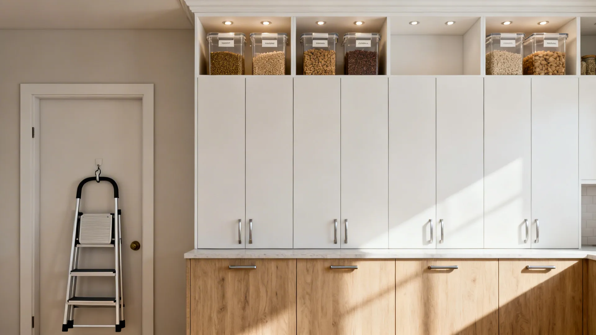 Ceiling-height upper cabinets with bulk goods and a slim folding step stool nearby.