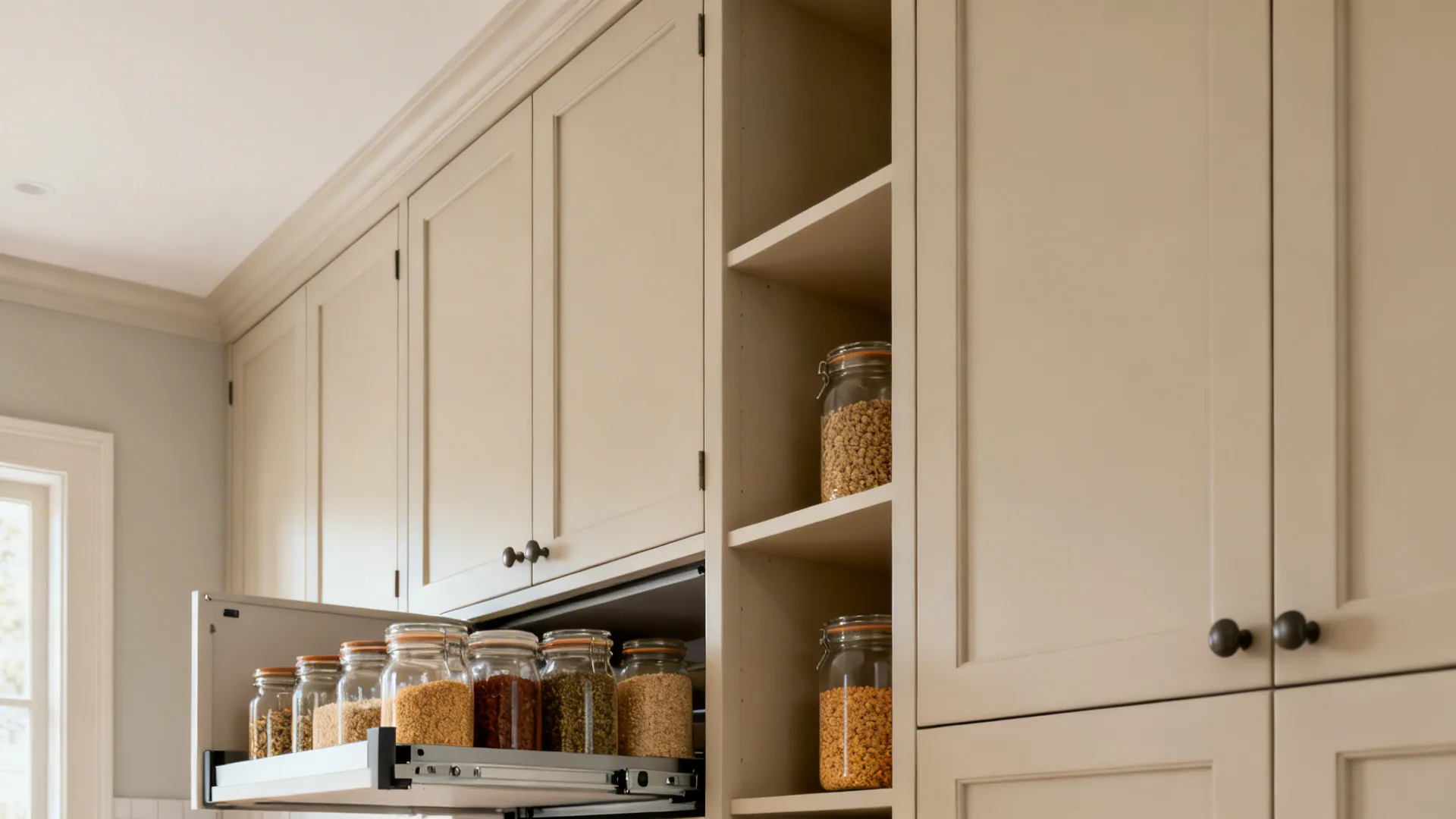 Ceiling-height pantry walls with pull-outs