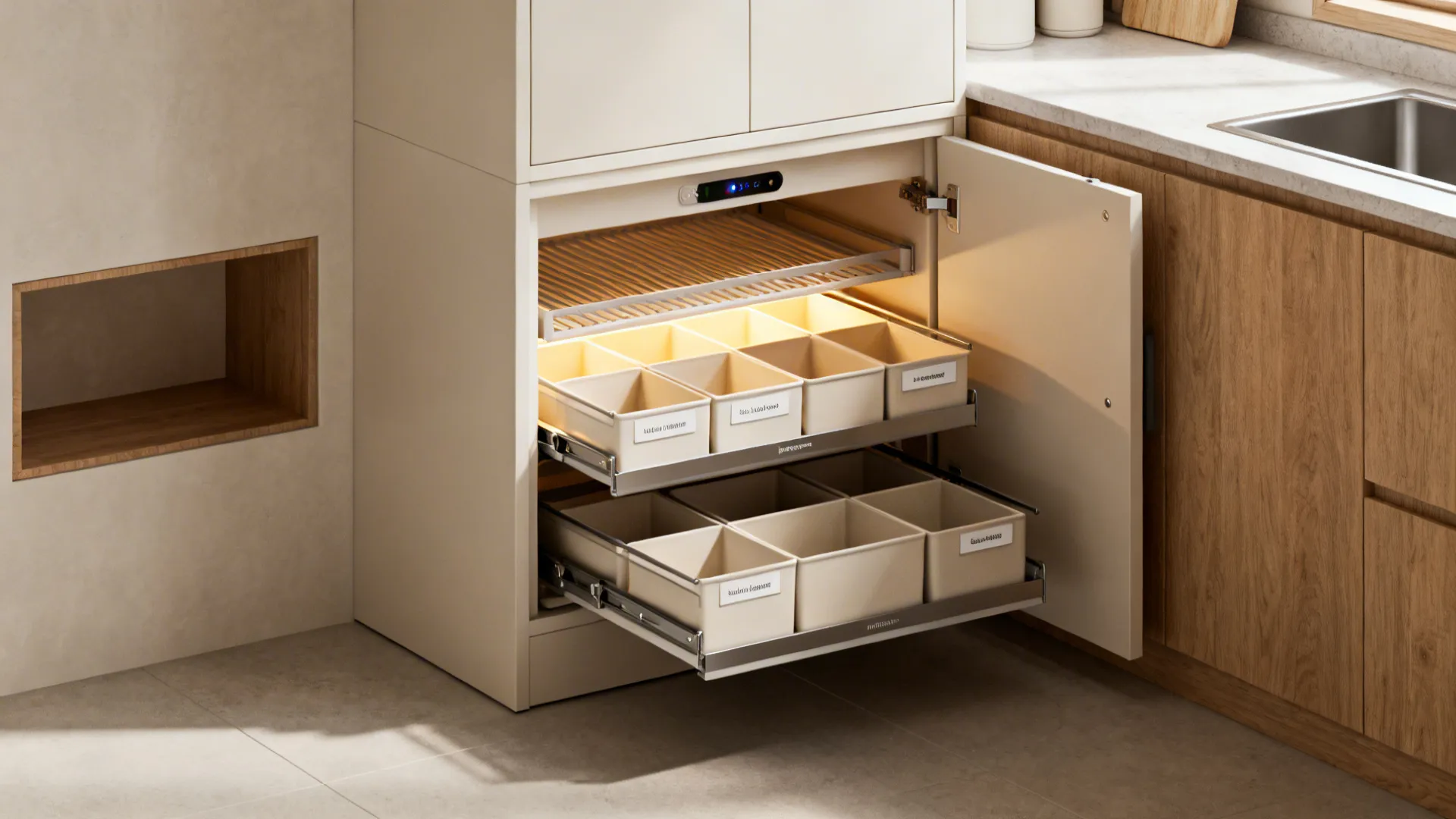Tall pantry with shallow pull-outs and a pocket-door utility niche in a small kitchen.