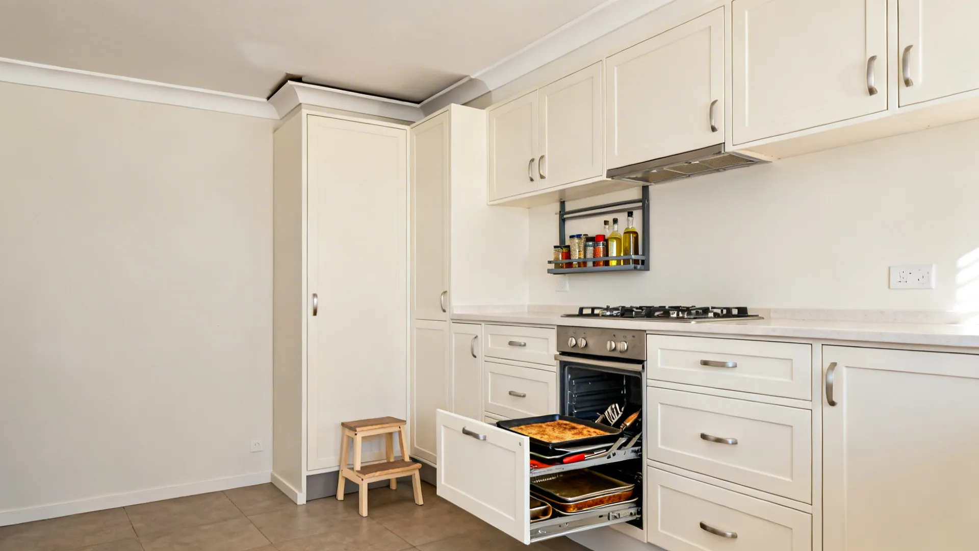 Ceiling-height kitchen cabinets with a plinth drawer and a slim pull-out organizer by the stove.