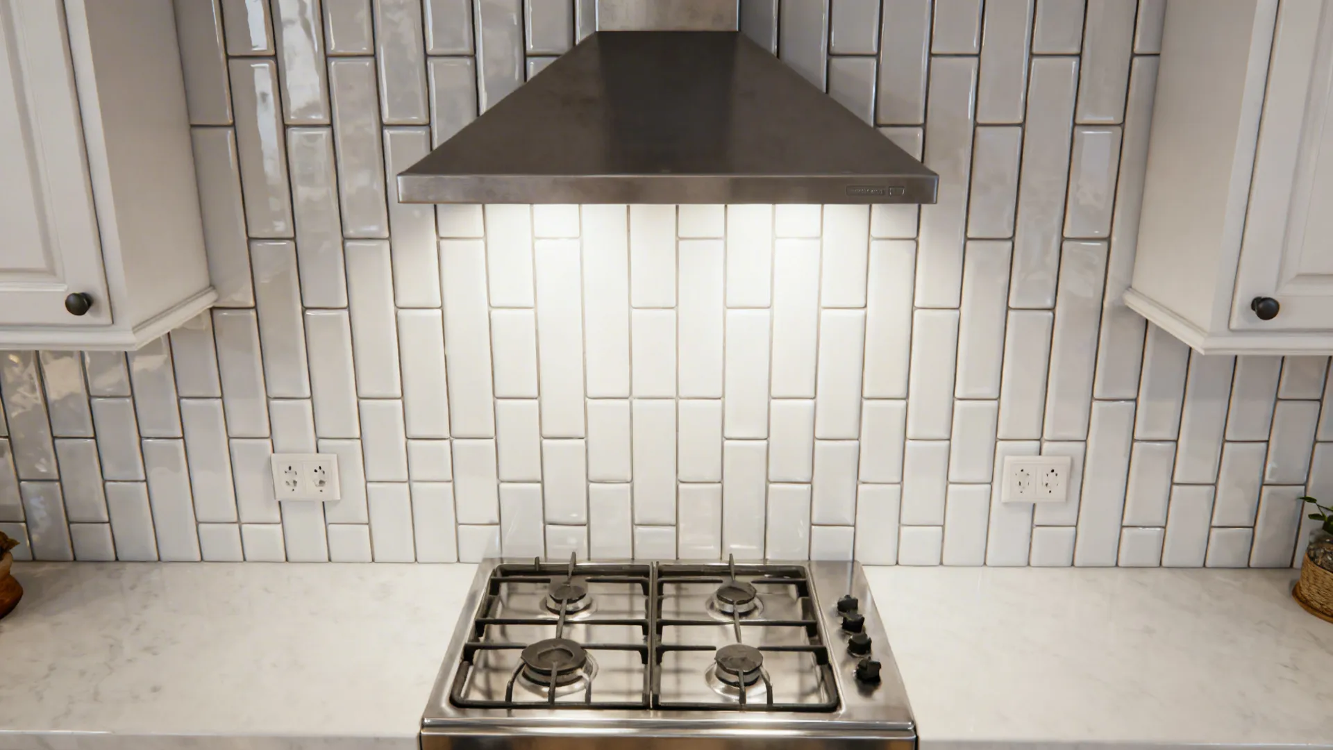 Ceiling-height white ceramic tile backsplash with epoxy grout aligned around outlets behind a stove.