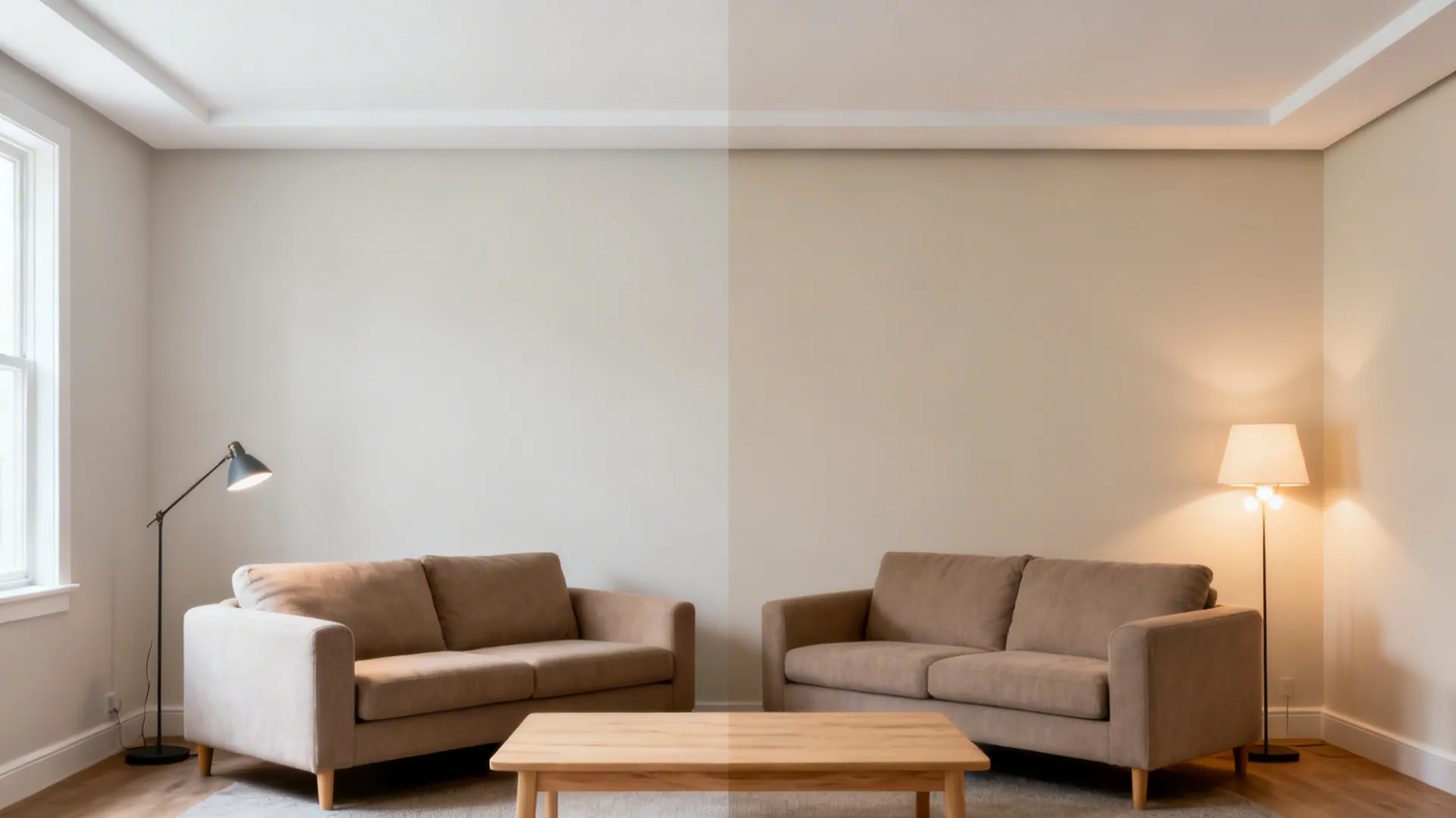 Before–after view comparing a white ceiling to a lighter-toned ceiling with color wrap for height.
