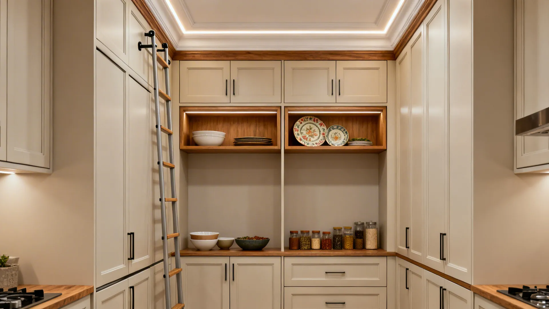 Compact kitchen with floor-to-ceiling cabinets and LED-lit crown, showing two-zone storage.