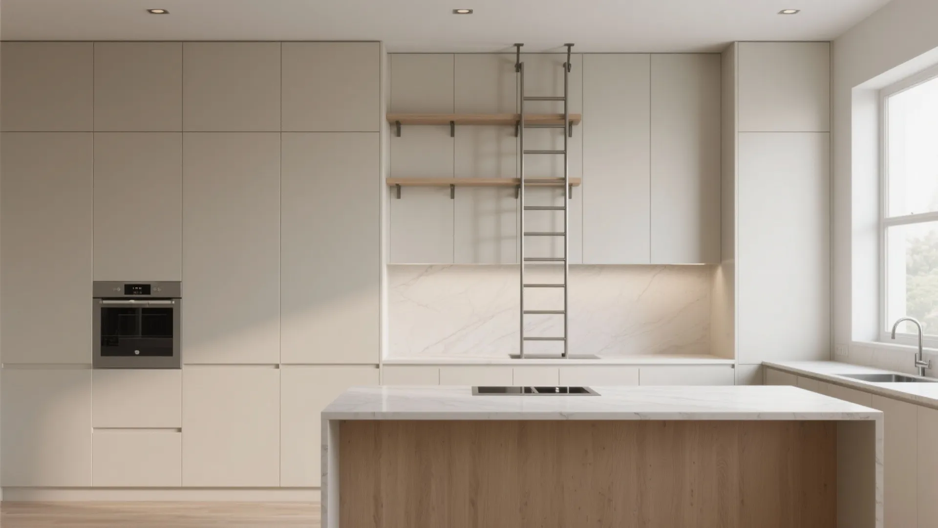 Ceiling-height kitchen cabinets with ladder for high storage in a small kitchen