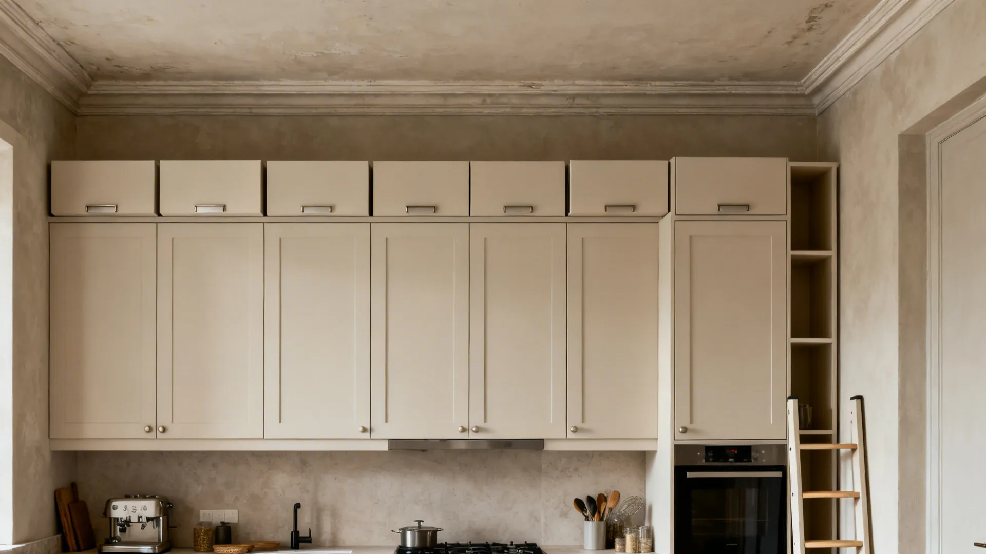 Small kitchen with ceiling-height uppers split into main doors and smaller top boxes.