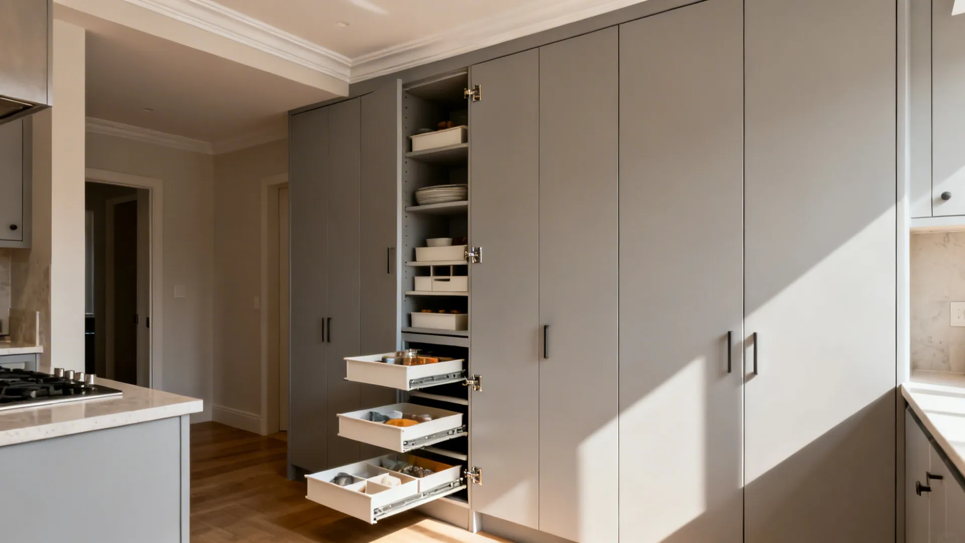 Small kitchen with full-height light gray cabinets and a pull-out pantry organizer.