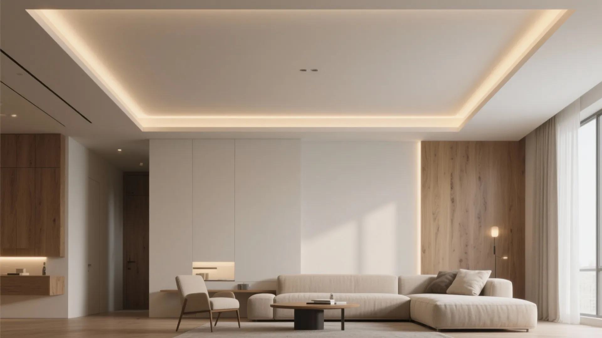 Modern living room featuring tray ceiling light beige sofa wooden coffee table and white wall