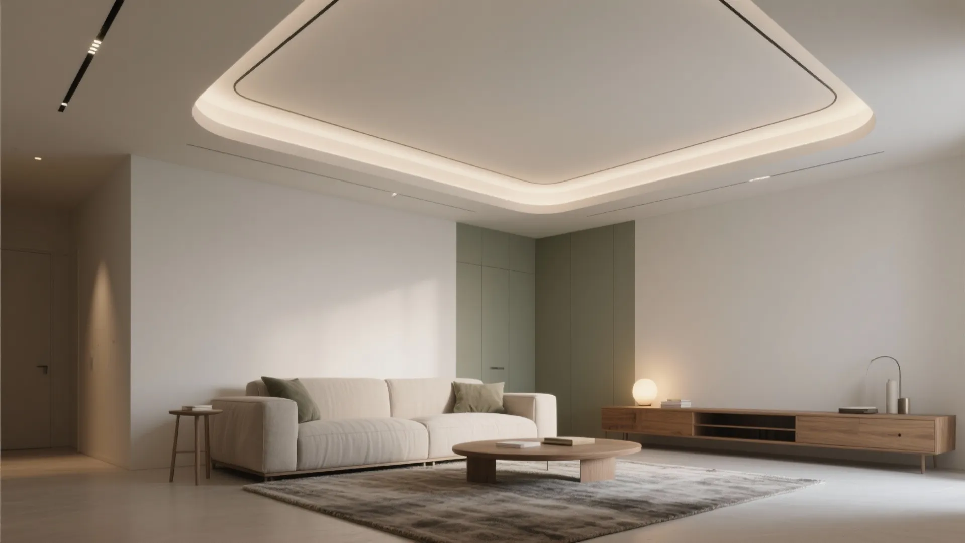 Minimalist living room with beige sofa wooden cabinet rug and large recessed ceiling light fixture