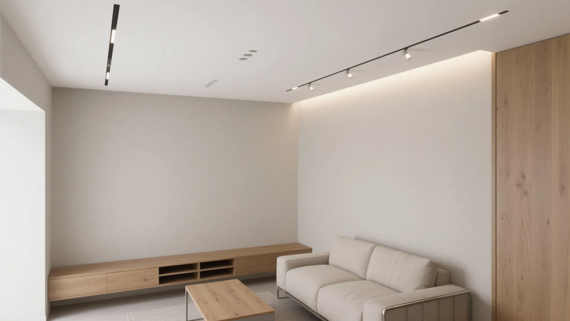 Minimalist living room with white walls wood cabinet beige sofa and black ceiling track lighting